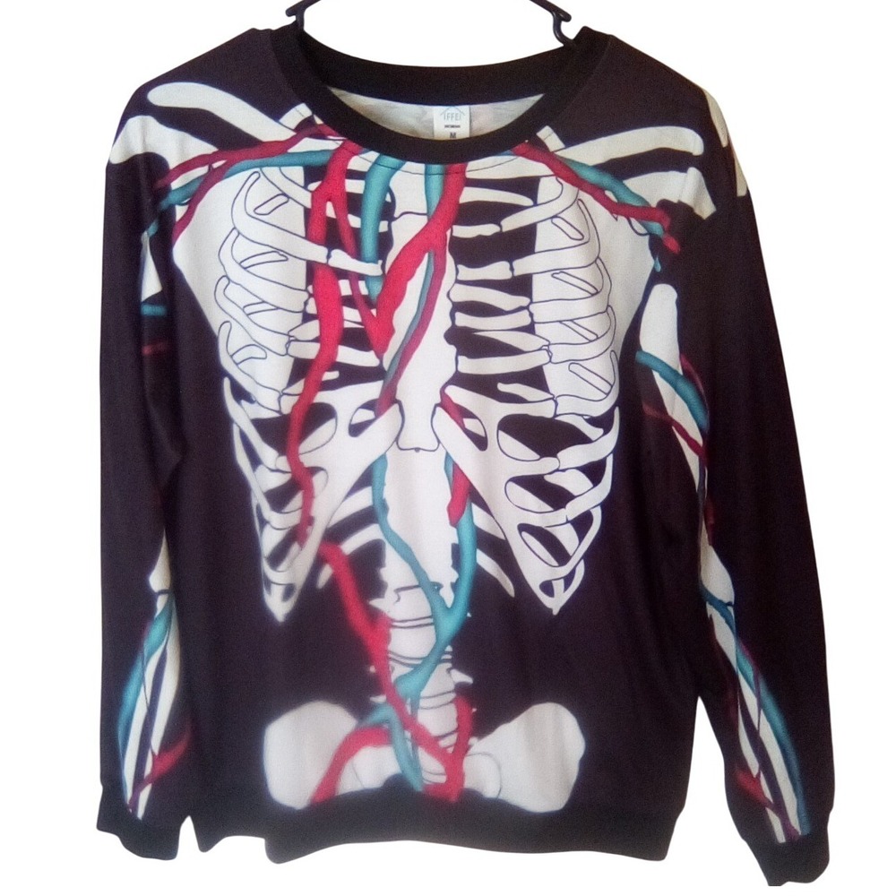 Skeleton Rib Cage Anatomy Graphic Print Long Sleeve Crew Neck Top